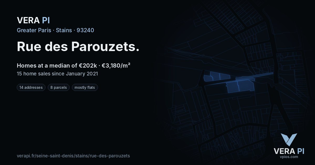 Rue des Parouzets, Stains at night – every parcel coloured by the prices around it, the street's own parcels lit