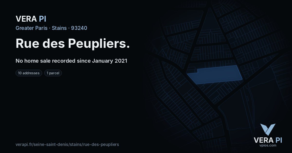 Rue des Peupliers, Stains at night – every parcel coloured by the prices around it, the street's own parcels lit