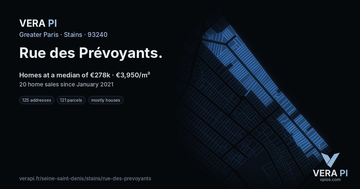 Rue des Prévoyants, Stains at night – every parcel coloured by the prices around it, the street's own parcels lit