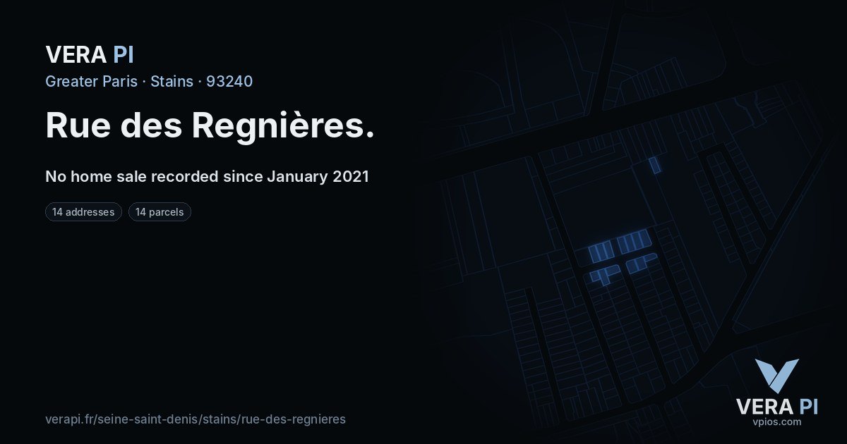 Rue des Regnières, Stains at night – every parcel coloured by the prices around it, the street's own parcels lit