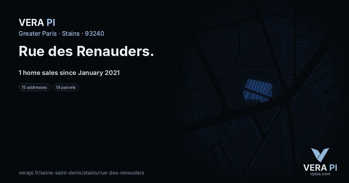 Rue des Renauders, Stains at night – every parcel coloured by the prices around it, the street's own parcels lit