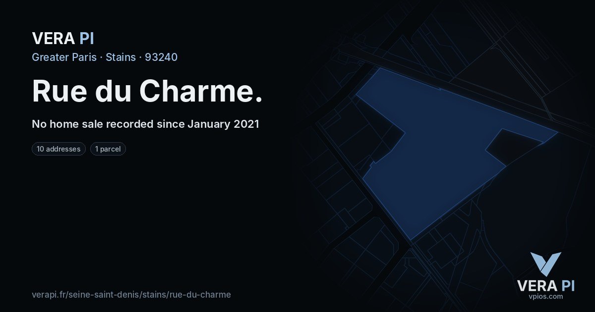 Rue du Charme, Stains at night – every parcel coloured by the prices around it, the street's own parcels lit