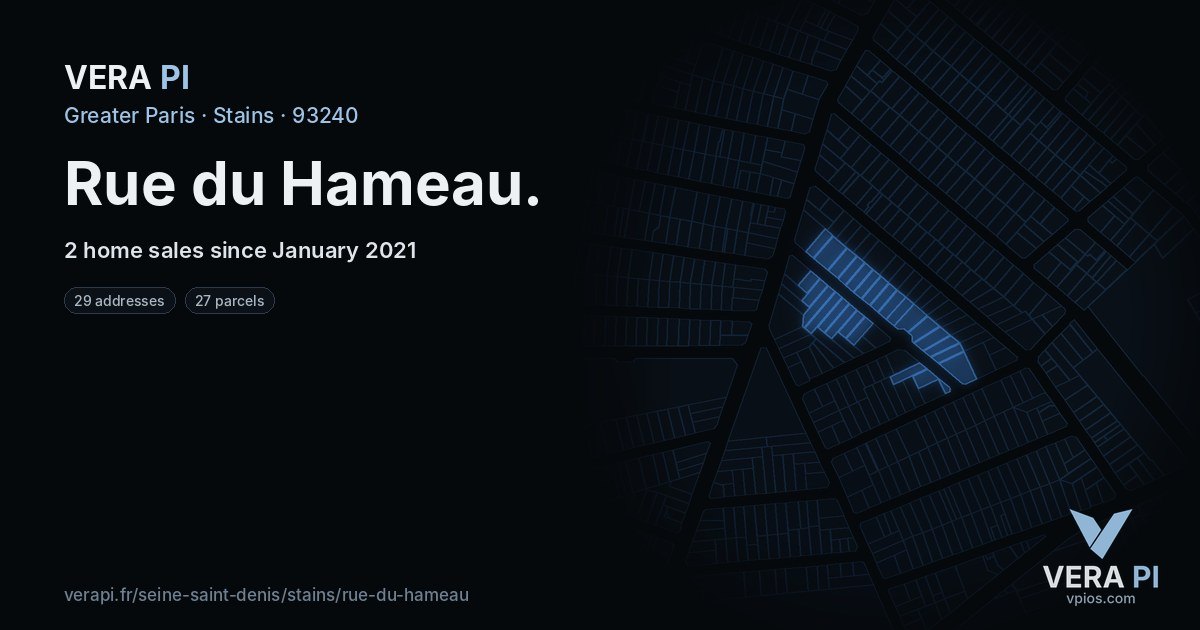 Rue du Hameau, Stains at night – every parcel coloured by the prices around it, the street's own parcels lit