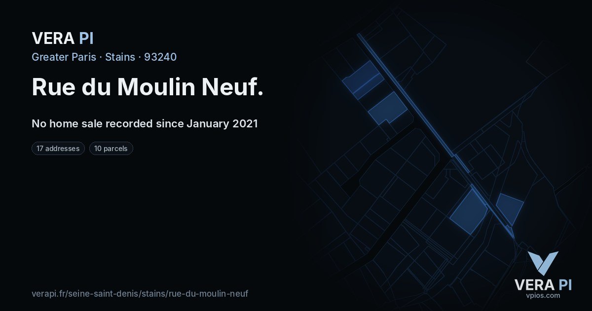 Rue du Moulin Neuf, Stains at night – every parcel coloured by the prices around it, the street's own parcels lit