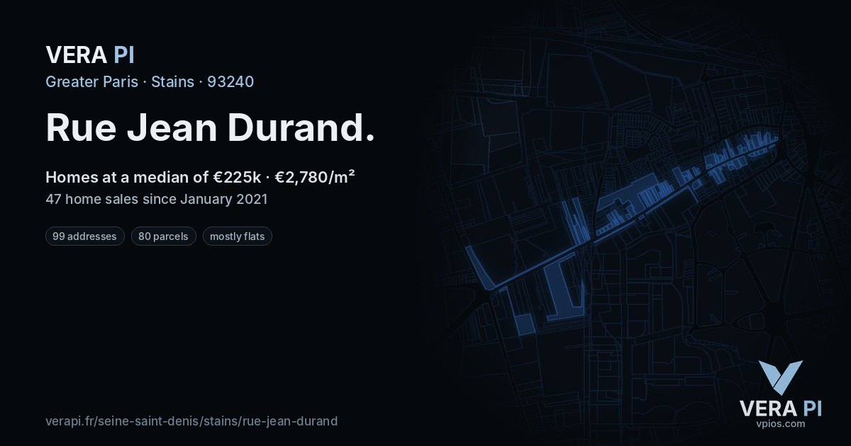Rue Jean Durand, Stains at night – every parcel coloured by the prices around it, the street's own parcels lit