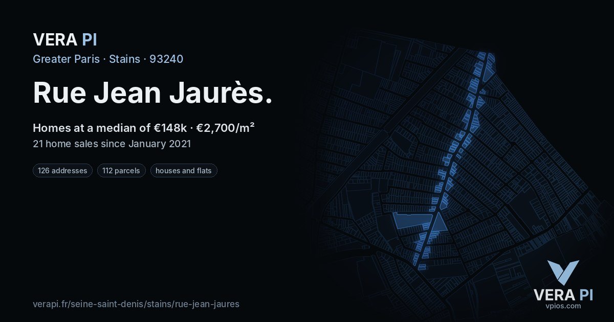 Rue Jean Jaurès, Stains at night – every parcel coloured by the prices around it, the street's own parcels lit