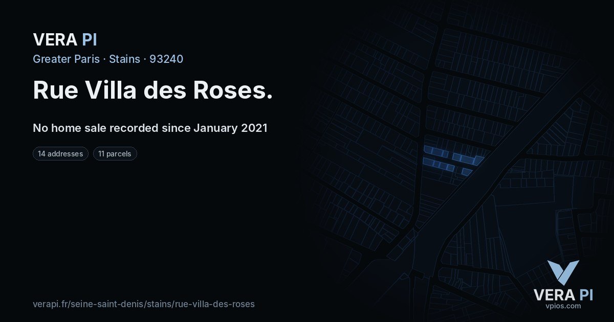 Rue Villa des Roses, Stains at night – every parcel coloured by the prices around it, the street's own parcels lit