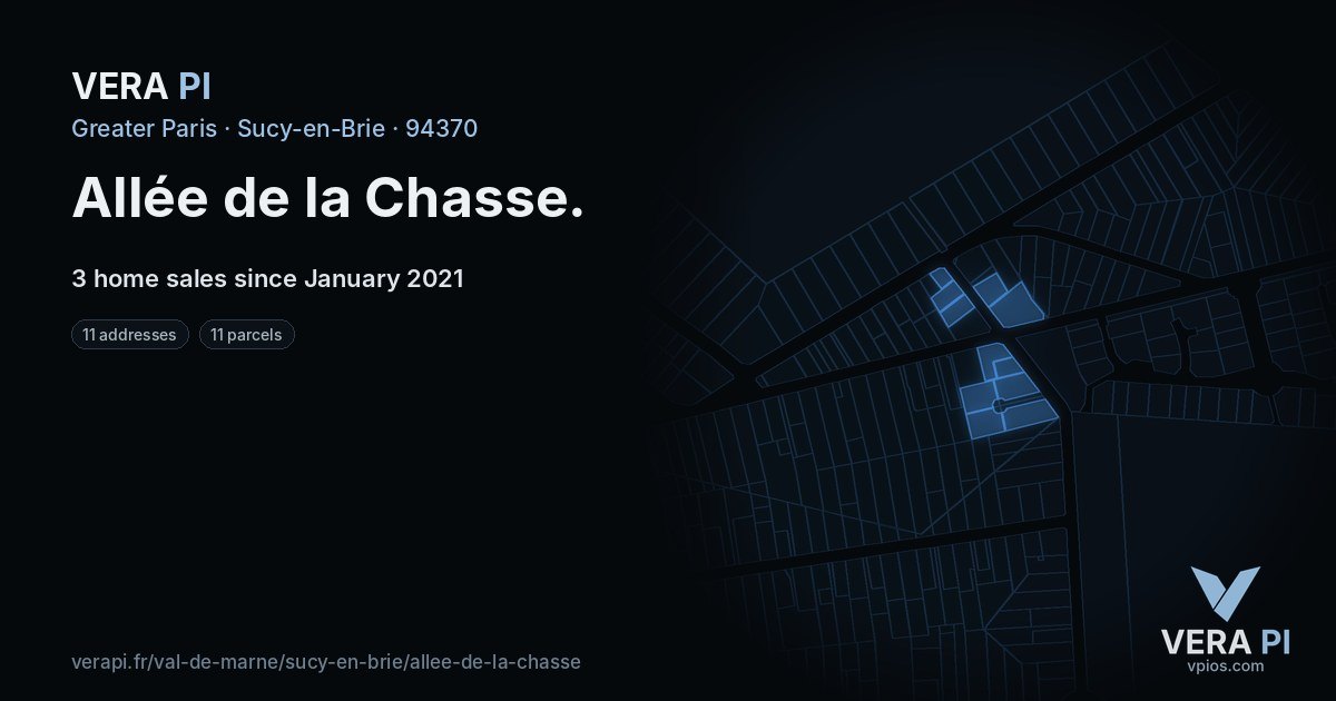 Allée de la Chasse, Sucy-en-Brie at night – every parcel coloured by the prices around it, the street's own parcels lit