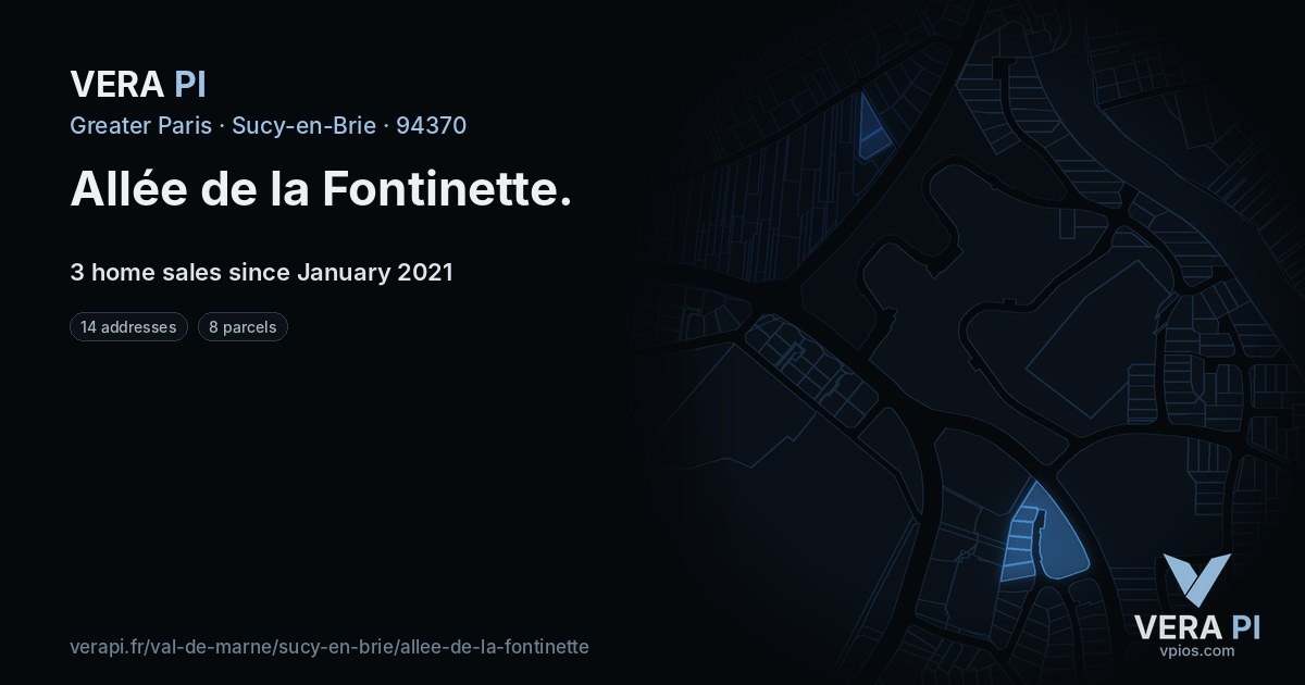 Allée de la Fontinette, Sucy-en-Brie at night – every parcel coloured by the prices around it, the street's own parcels lit