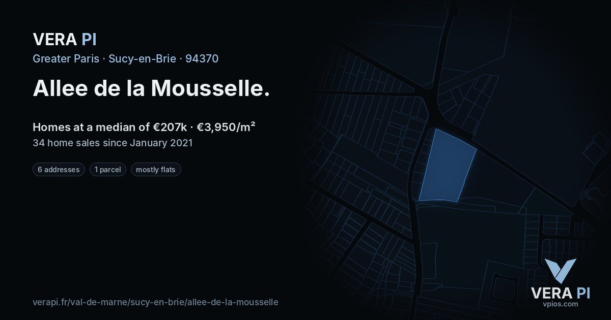 Allee de la Mousselle, Sucy-en-Brie at night – every parcel coloured by the prices around it, the street's own parcels lit