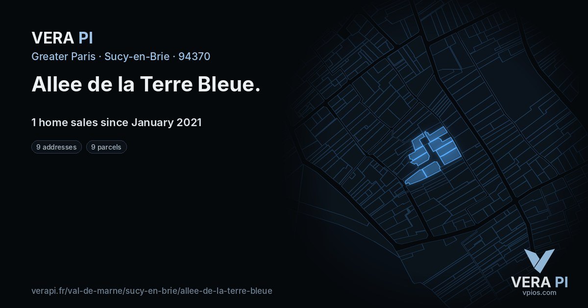 Allee de la Terre Bleue, Sucy-en-Brie at night – every parcel coloured by the prices around it, the street's own parcels lit