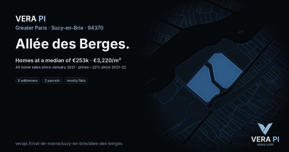 Allée des Berges, Sucy-en-Brie at night – every parcel coloured by the prices around it, the street's own parcels lit