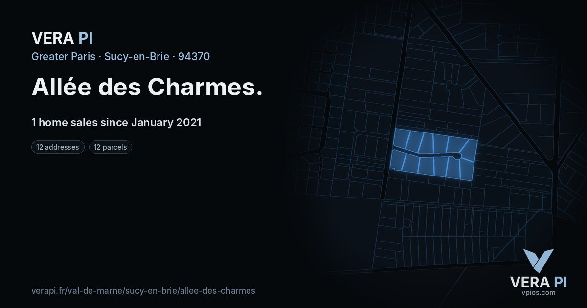 Allée des Charmes, Sucy-en-Brie at night – every parcel coloured by the prices around it, the street's own parcels lit