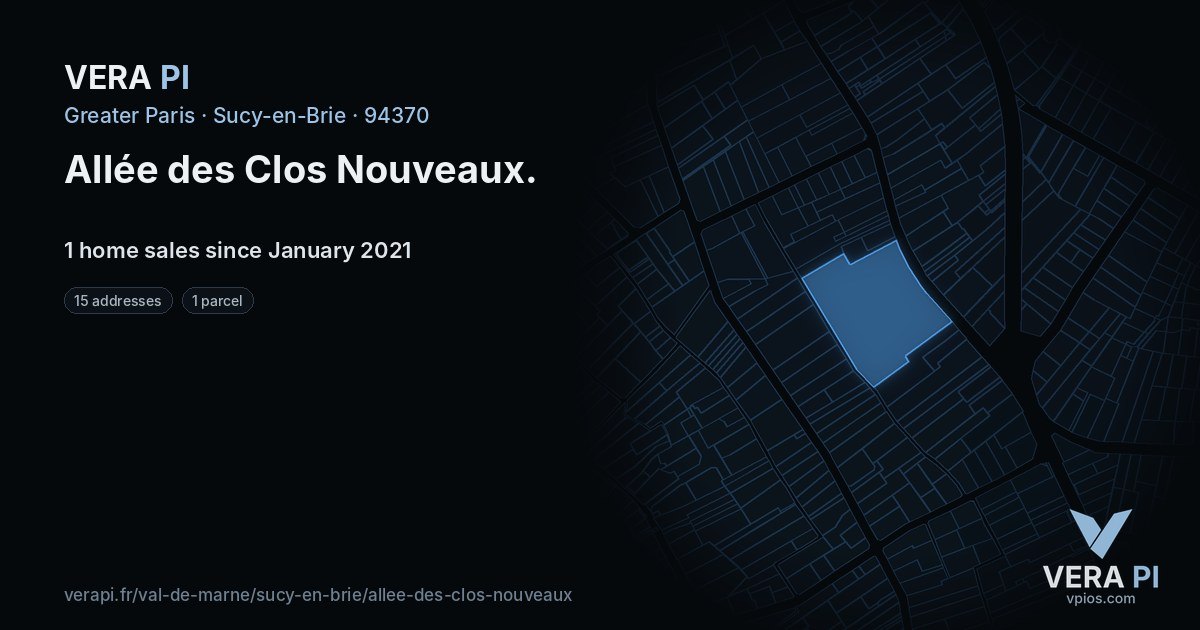 Allée des Clos Nouveaux, Sucy-en-Brie at night – every parcel coloured by the prices around it, the street's own parcels lit