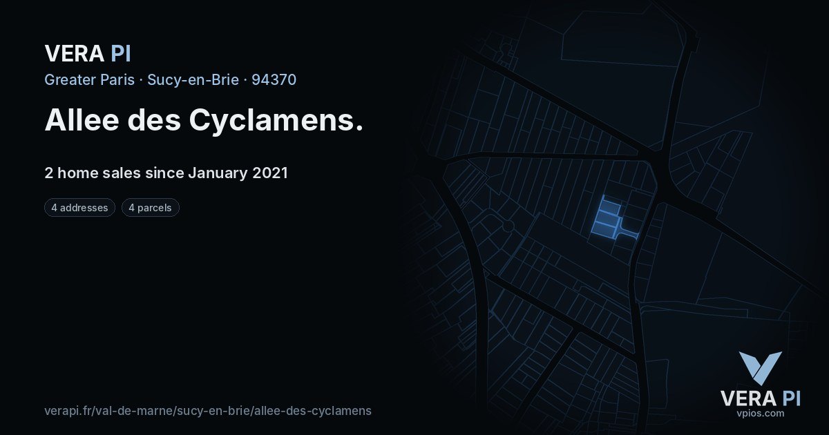 Allee des Cyclamens, Sucy-en-Brie at night – every parcel coloured by the prices around it, the street's own parcels lit