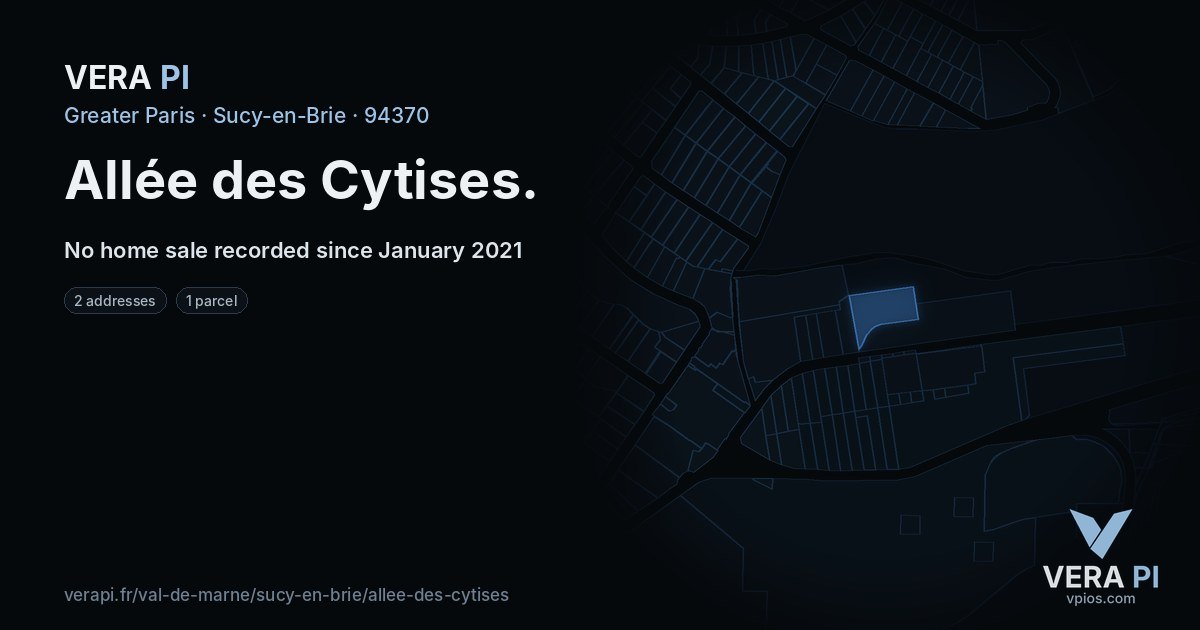 Allée des Cytises, Sucy-en-Brie at night – every parcel coloured by the prices around it, the street's own parcels lit