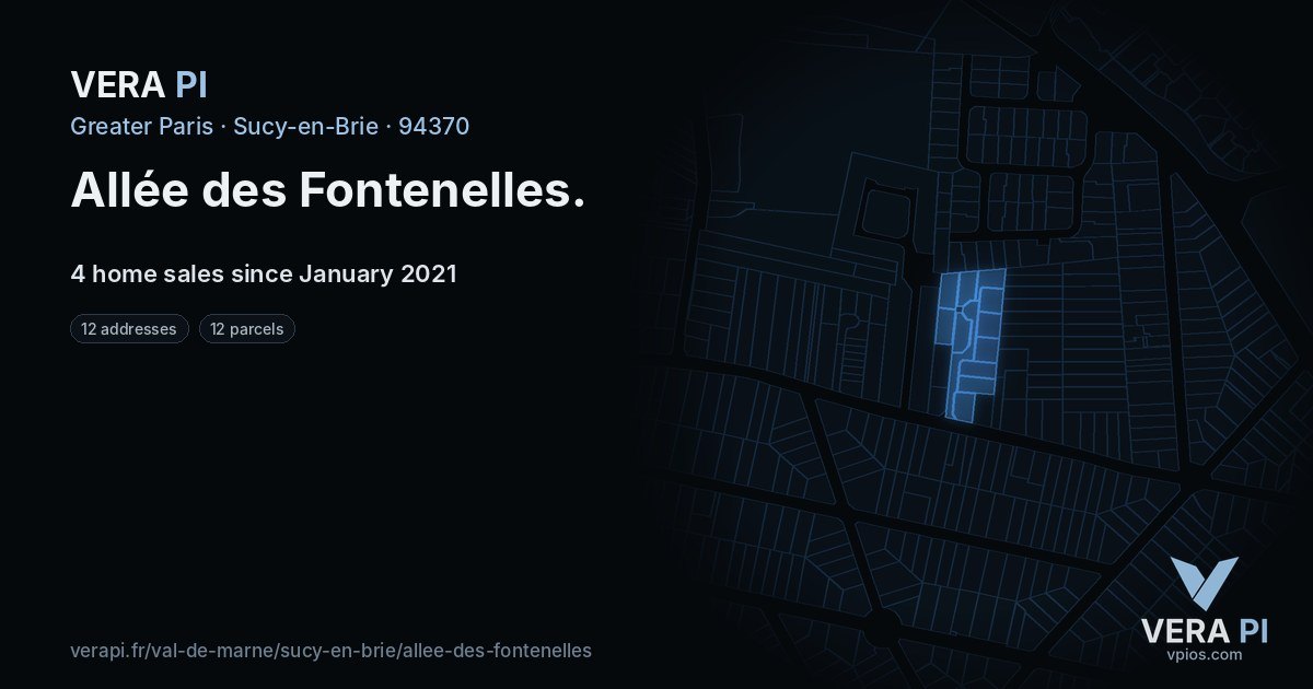 Allée des Fontenelles, Sucy-en-Brie at night – every parcel coloured by the prices around it, the street's own parcels lit