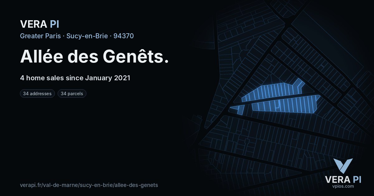 Allée des Genêts, Sucy-en-Brie at night – every parcel coloured by the prices around it, the street's own parcels lit