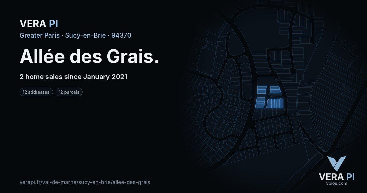 Allée des Grais, Sucy-en-Brie at night – every parcel coloured by the prices around it, the street's own parcels lit