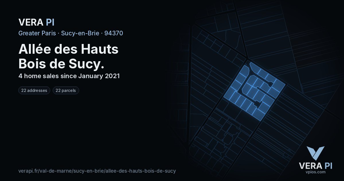 Allée des Hauts Bois de Sucy, Sucy-en-Brie at night – every parcel coloured by the prices around it, the street's own parcels lit