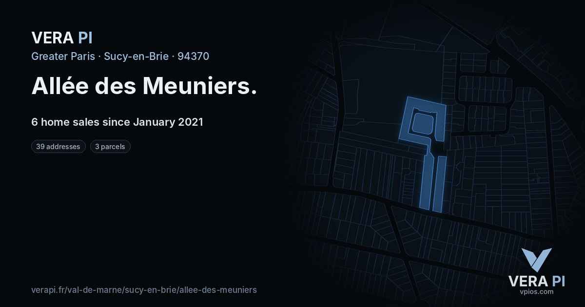 Allée des Meuniers, Sucy-en-Brie at night – every parcel coloured by the prices around it, the street's own parcels lit