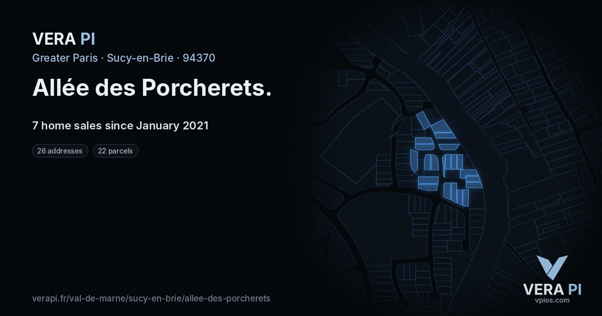 Allée des Porcherets, Sucy-en-Brie at night – every parcel coloured by the prices around it, the street's own parcels lit