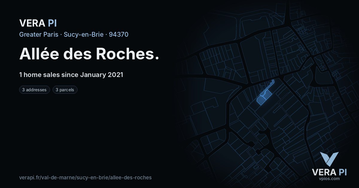 Allée des Roches, Sucy-en-Brie at night – every parcel coloured by the prices around it, the street's own parcels lit