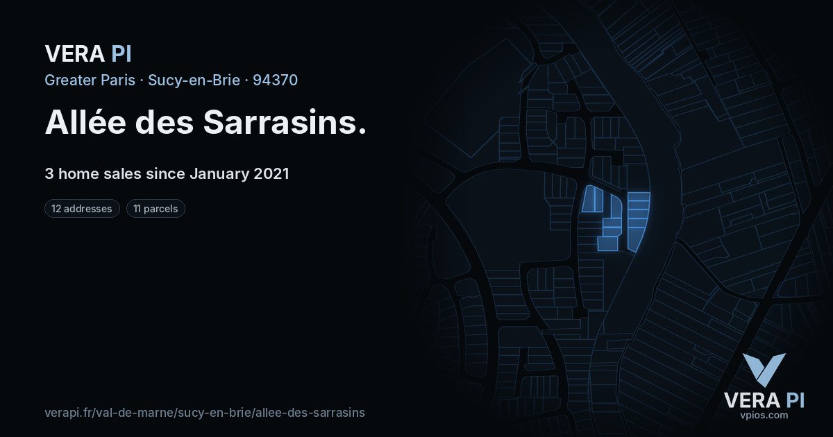 Allée des Sarrasins, Sucy-en-Brie at night – every parcel coloured by the prices around it, the street's own parcels lit