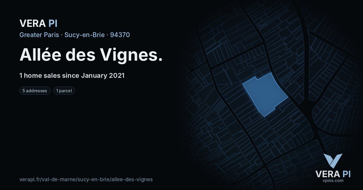 Allée des Vignes, Sucy-en-Brie at night – every parcel coloured by the prices around it, the street's own parcels lit