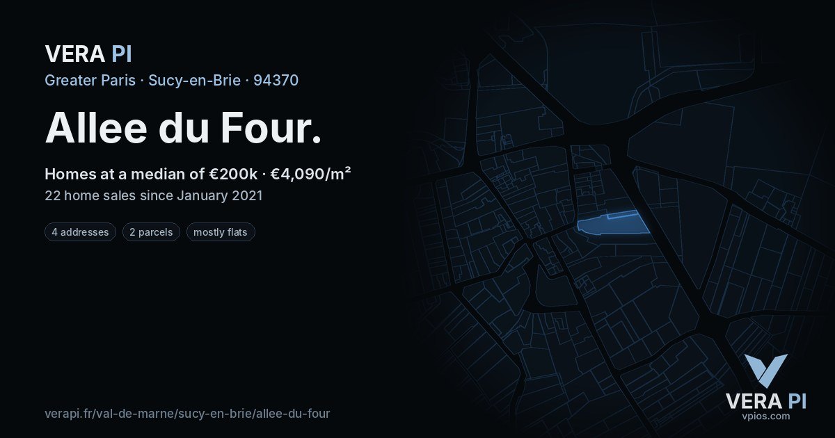 Allee du Four, Sucy-en-Brie at night – every parcel coloured by the prices around it, the street's own parcels lit
