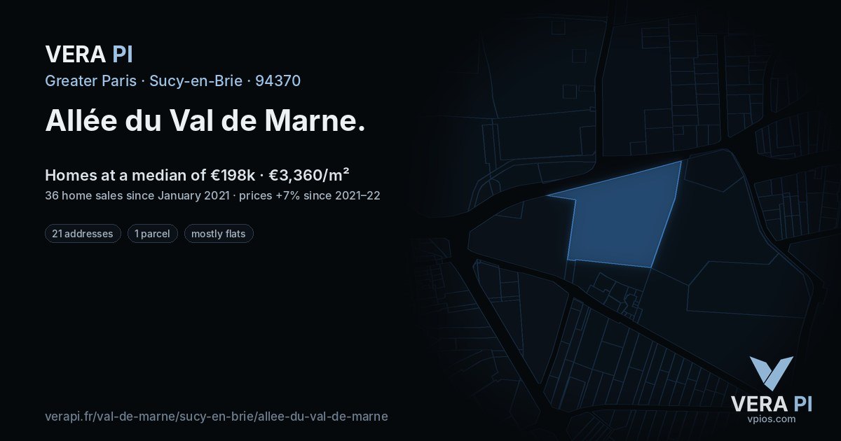 Allée du Val de Marne, Sucy-en-Brie at night – every parcel coloured by the prices around it, the street's own parcels lit