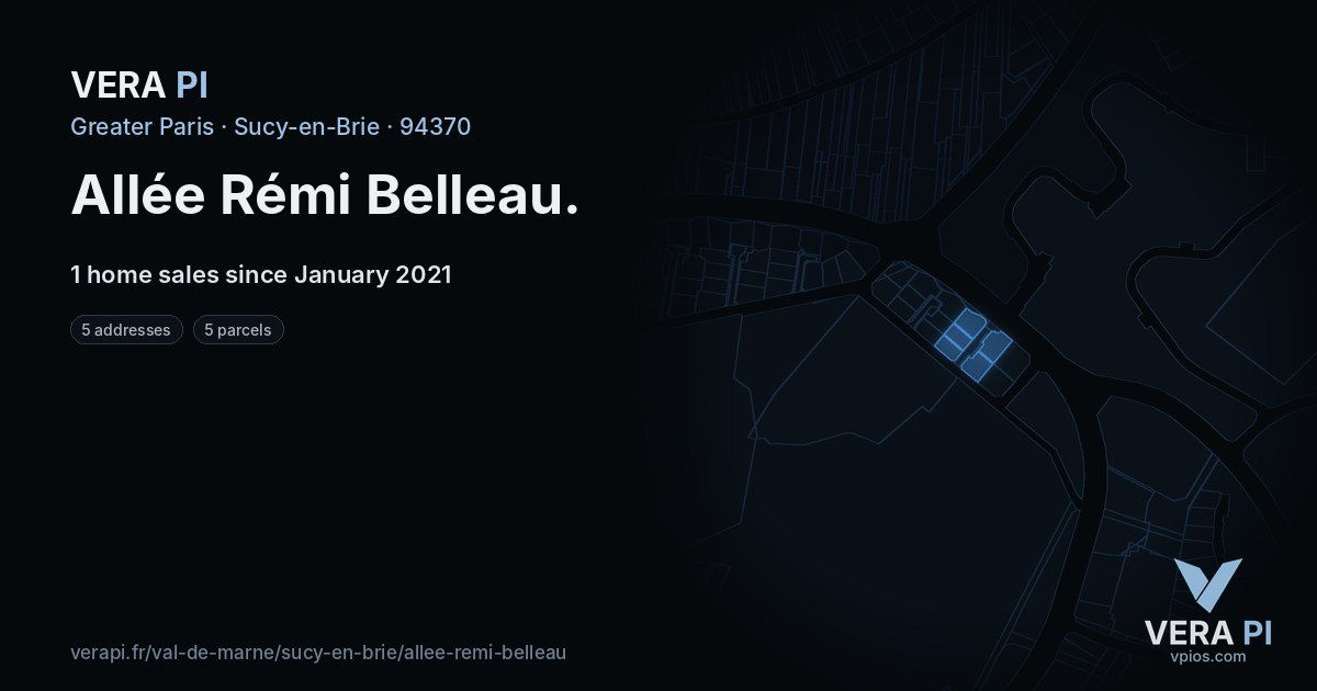Allée Rémi Belleau, Sucy-en-Brie at night – every parcel coloured by the prices around it, the street's own parcels lit