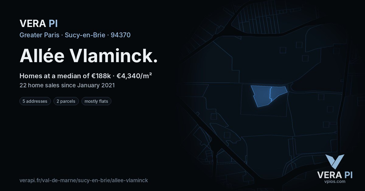 Allée Vlaminck, Sucy-en-Brie at night – every parcel coloured by the prices around it, the street's own parcels lit