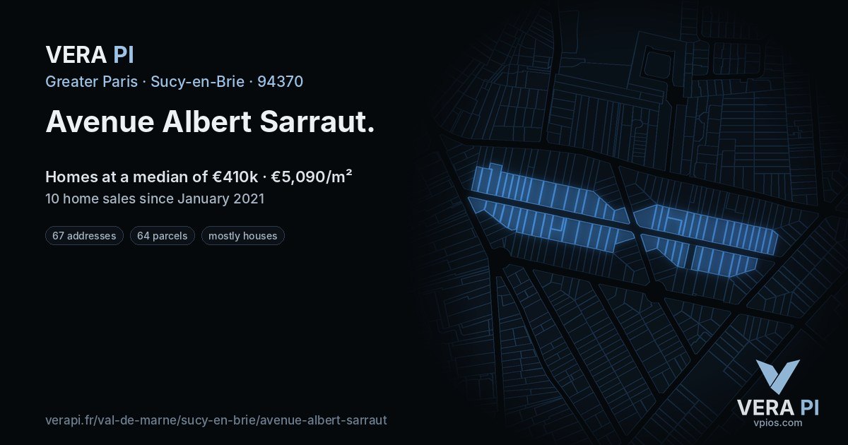 Avenue Albert Sarraut, Sucy-en-Brie at night – every parcel coloured by the prices around it, the street's own parcels lit