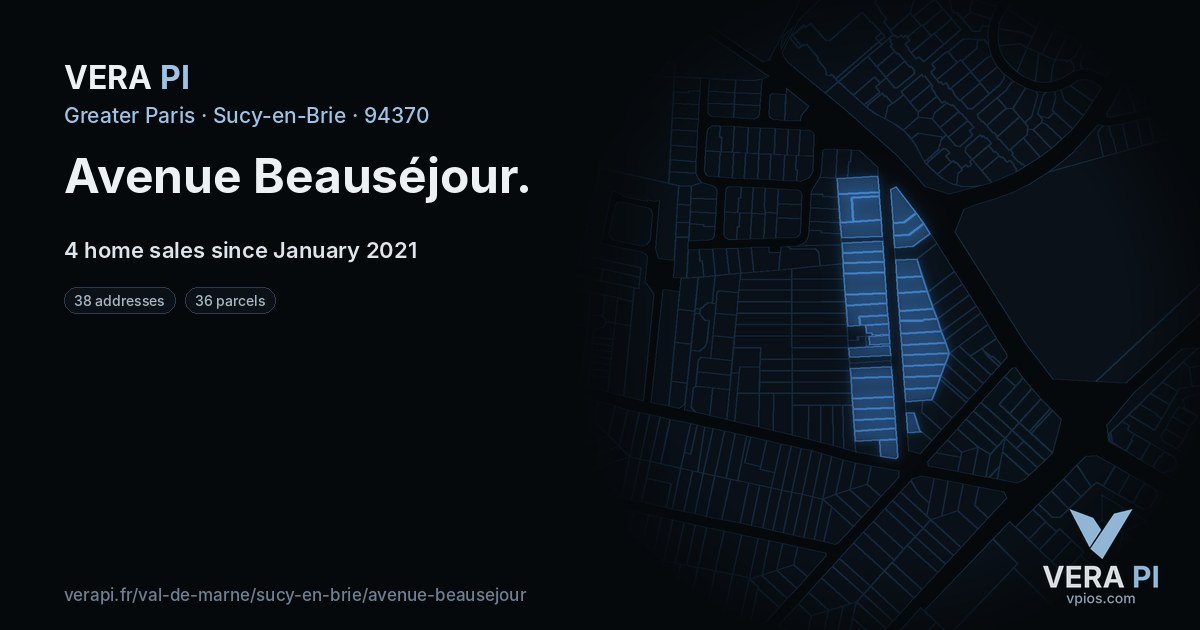 Avenue Beauséjour, Sucy-en-Brie at night – every parcel coloured by the prices around it, the street's own parcels lit