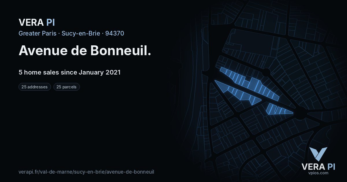 Avenue de Bonneuil, Sucy-en-Brie at night – every parcel coloured by the prices around it, the street's own parcels lit