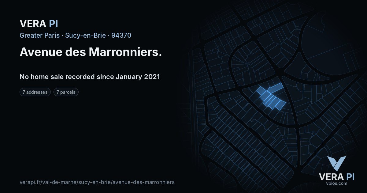Avenue des Marronniers, Sucy-en-Brie at night – every parcel coloured by the prices around it, the street's own parcels lit