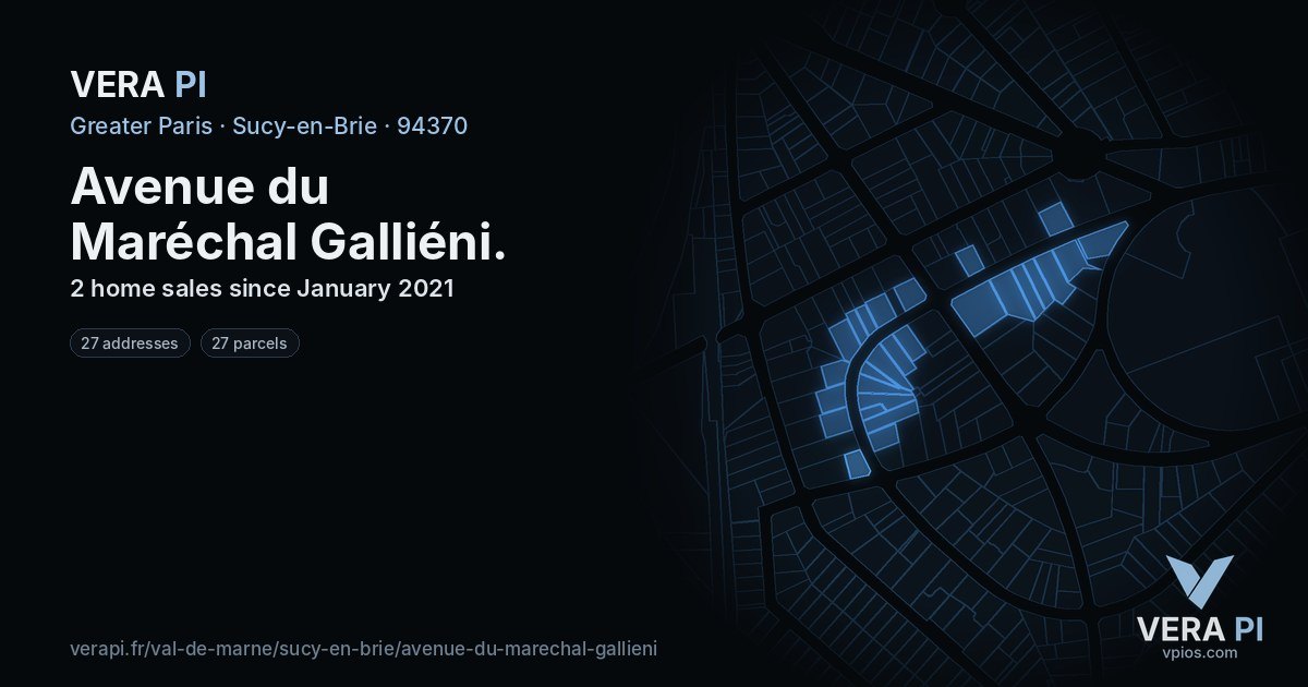 Avenue du Maréchal Galliéni, Sucy-en-Brie at night – every parcel coloured by the prices around it, the street's own parcels lit