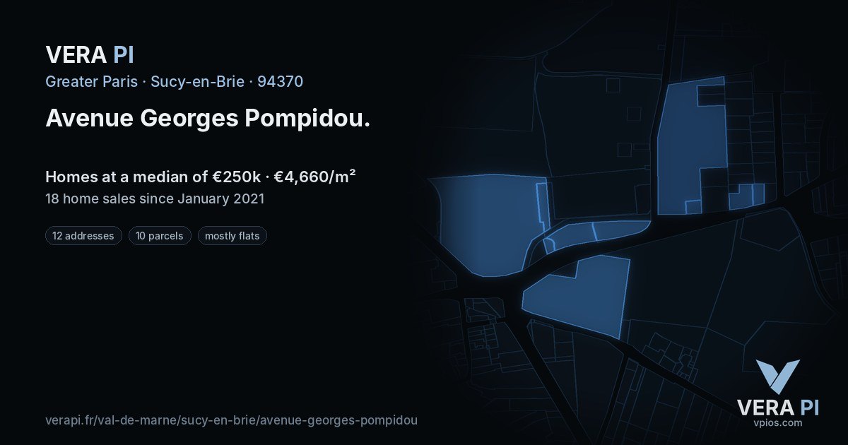 Avenue Georges Pompidou, Sucy-en-Brie at night – every parcel coloured by the prices around it, the street's own parcels lit