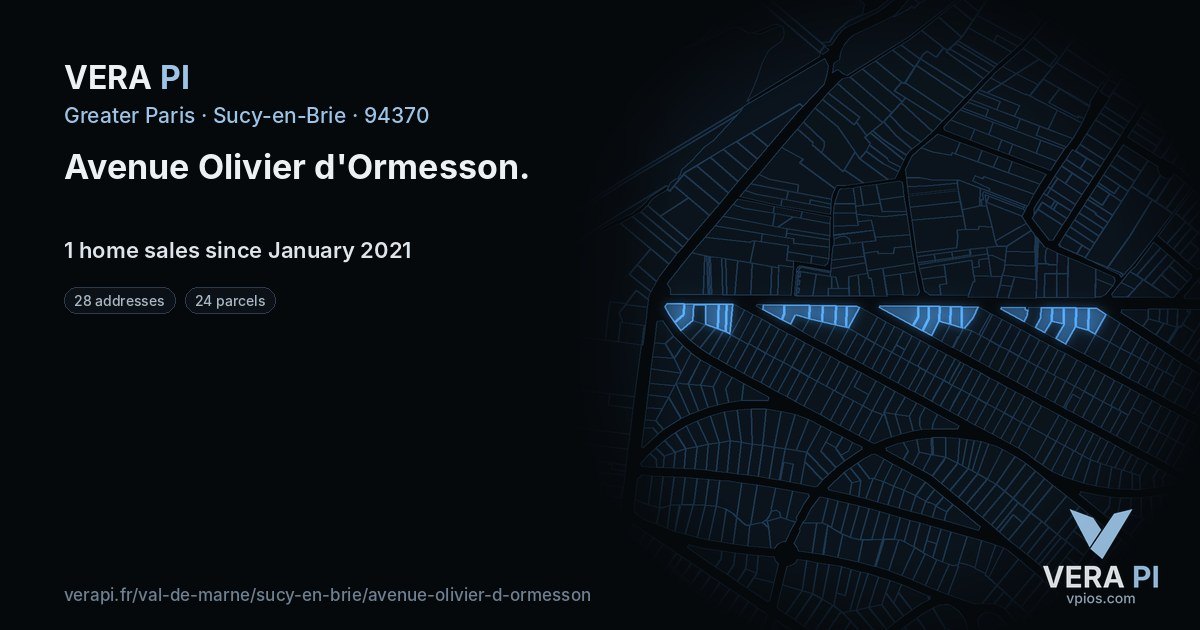Avenue Olivier d'Ormesson, Sucy-en-Brie at night – every parcel coloured by the prices around it, the street's own parcels lit