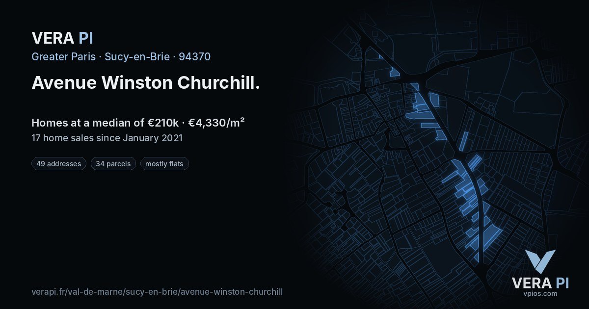 Avenue Winston Churchill, Sucy-en-Brie at night – every parcel coloured by the prices around it, the street's own parcels lit