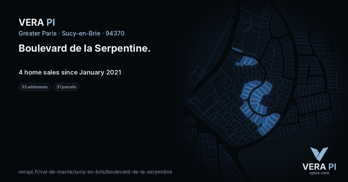 Boulevard de la Serpentine, Sucy-en-Brie at night – every parcel coloured by the prices around it, the street's own parcels lit