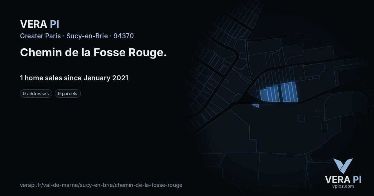 Chemin de la Fosse Rouge, Sucy-en-Brie at night – every parcel coloured by the prices around it, the street's own parcels lit