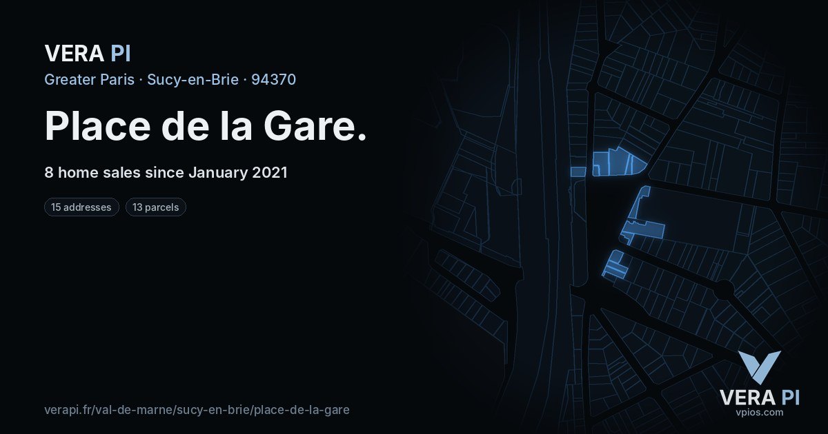 Place de la Gare, Sucy-en-Brie at night – every parcel coloured by the prices around it, the street's own parcels lit