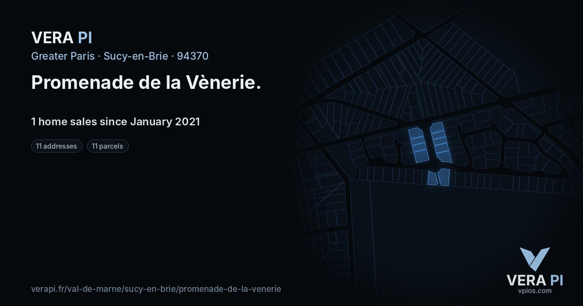 Promenade de la Vènerie, Sucy-en-Brie at night – every parcel coloured by the prices around it, the street's own parcels lit