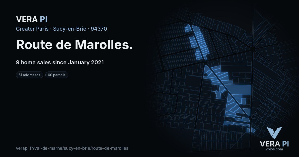 Route de Marolles, Sucy-en-Brie at night – every parcel coloured by the prices around it, the street's own parcels lit