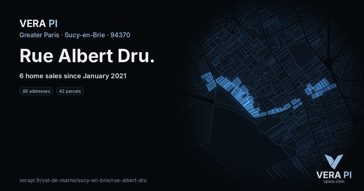 Rue Albert Dru, Sucy-en-Brie at night – every parcel coloured by the prices around it, the street's own parcels lit