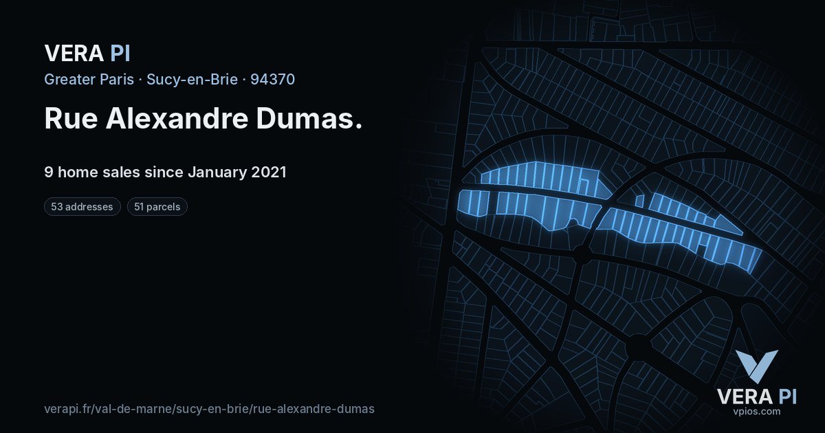 Rue Alexandre Dumas, Sucy-en-Brie at night – every parcel coloured by the prices around it, the street's own parcels lit