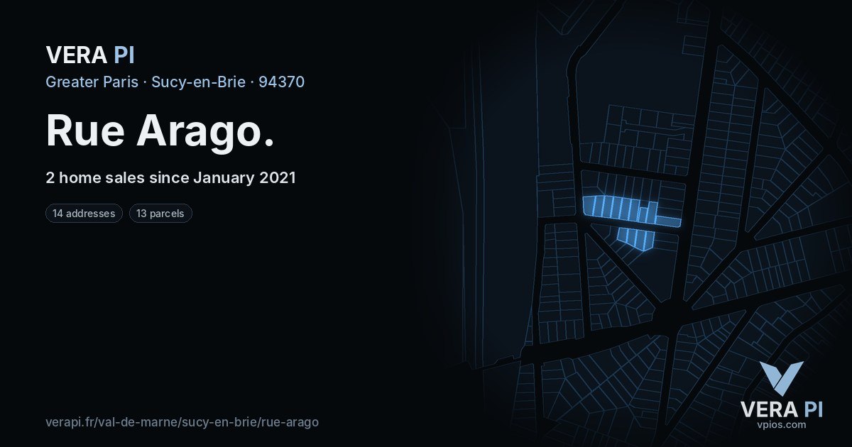 Rue Arago, Sucy-en-Brie at night – every parcel coloured by the prices around it, the street's own parcels lit