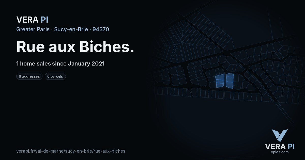 Rue aux Biches, Sucy-en-Brie at night – every parcel coloured by the prices around it, the street's own parcels lit